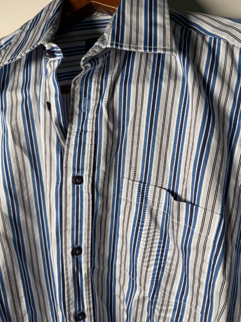 Bugatchi Uomo Blue/White Stripe Long Sleeve Button Down 100% Cotton Sz Large